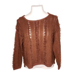 Amuse Juniors Brown Knit Sweater L Boho Fringed Lightweight Open Knit Womens